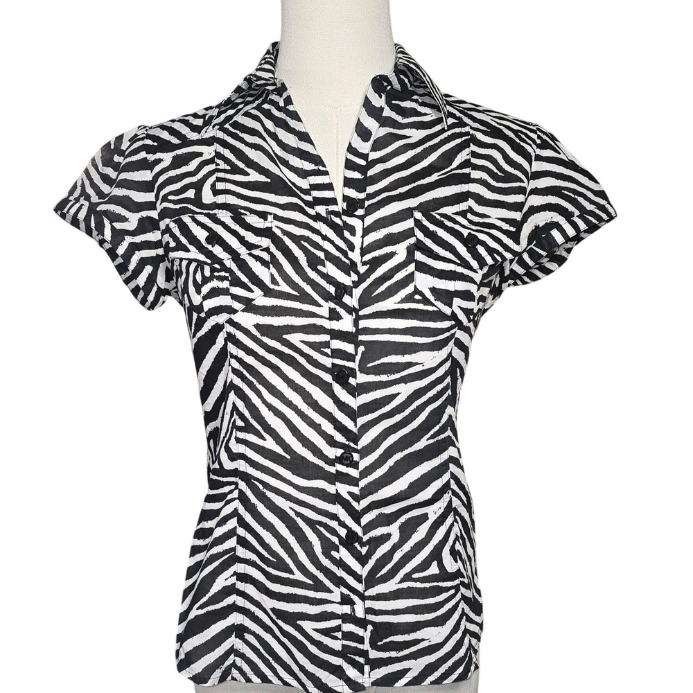 Michael Kors Zebra Print Button Up Short Cap Sleeve Collard Blouse Black White P